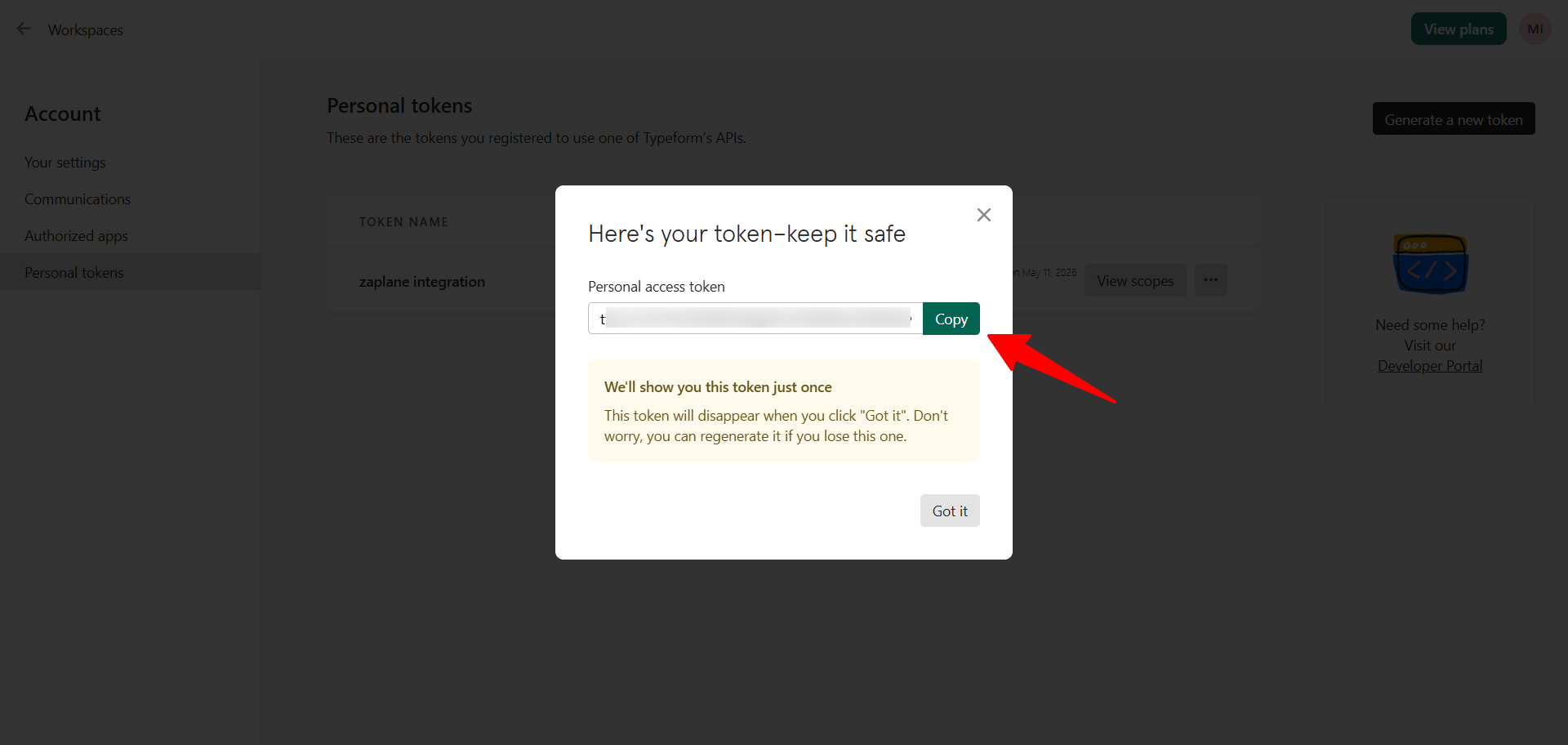 Copy the generated token Copy the generated token