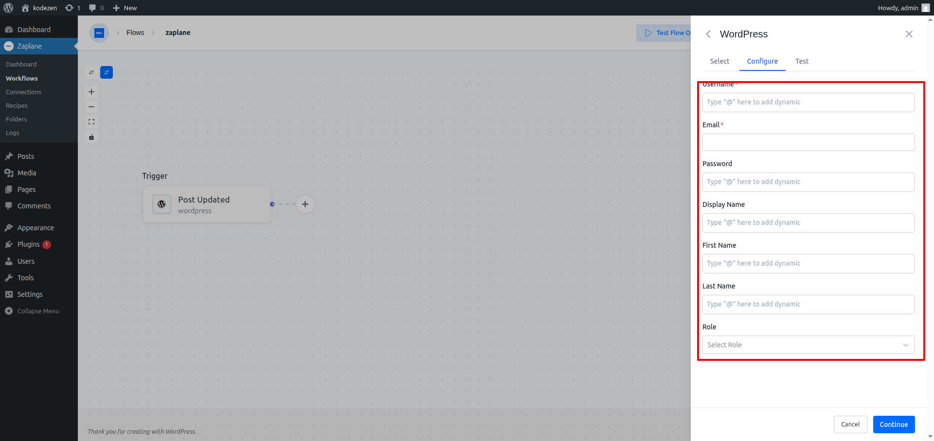 Configure the action fields Configure the action fields