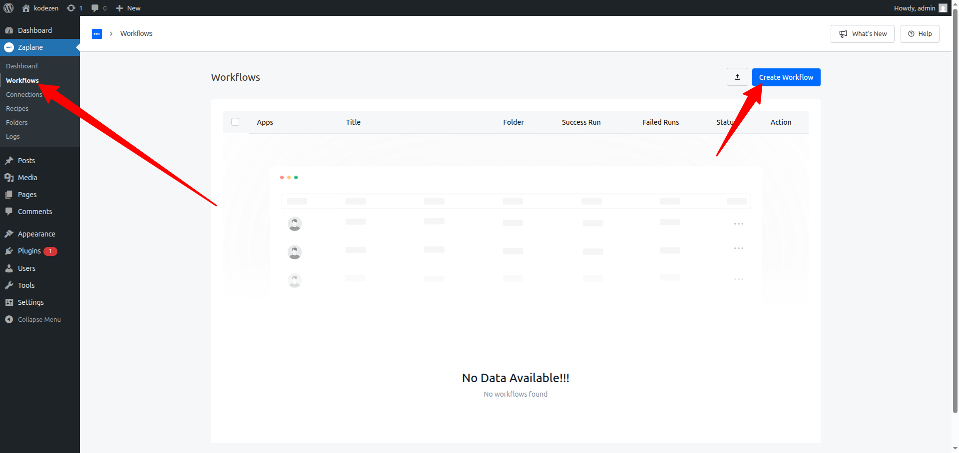 Create Workflow Zaplane dashboard