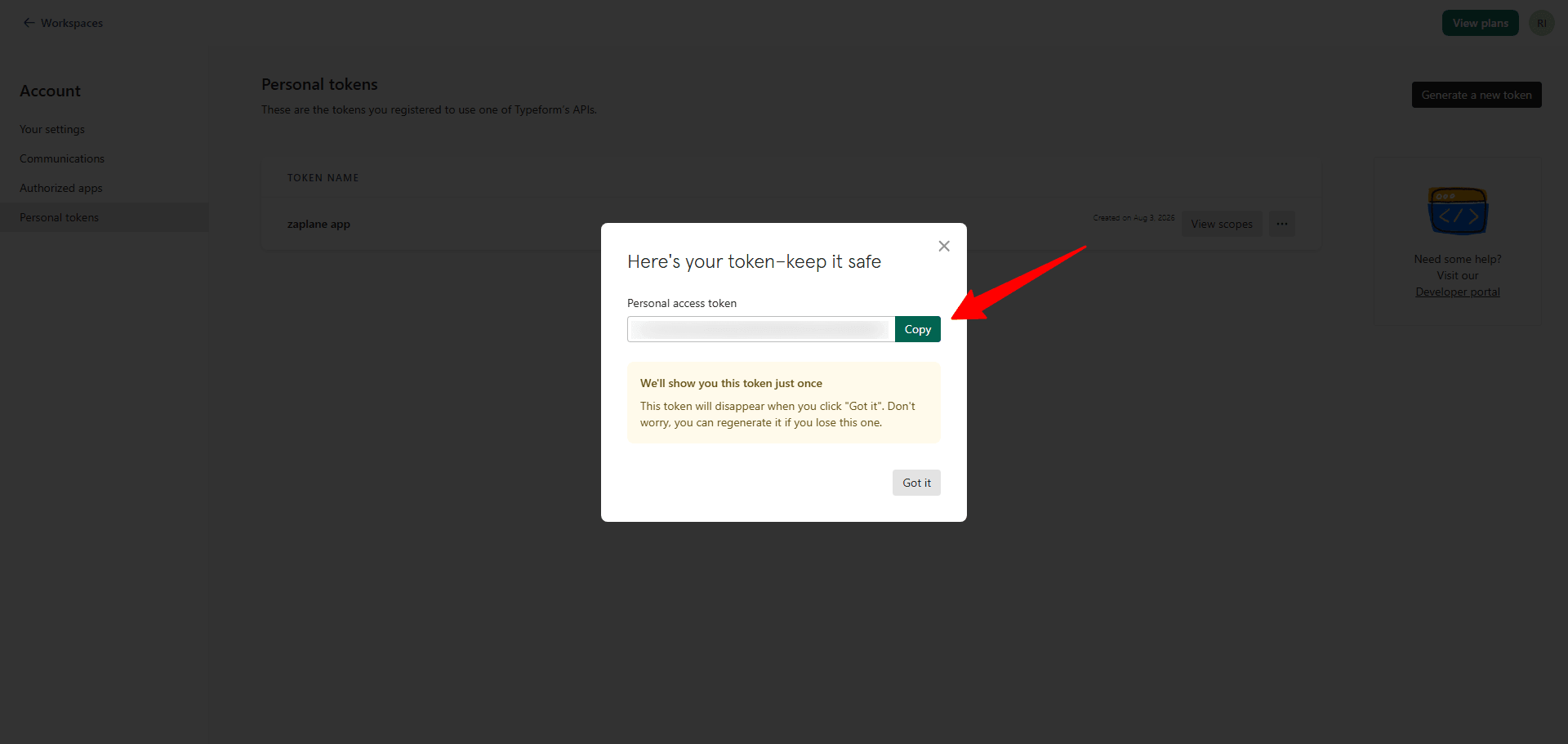 Copy the token.