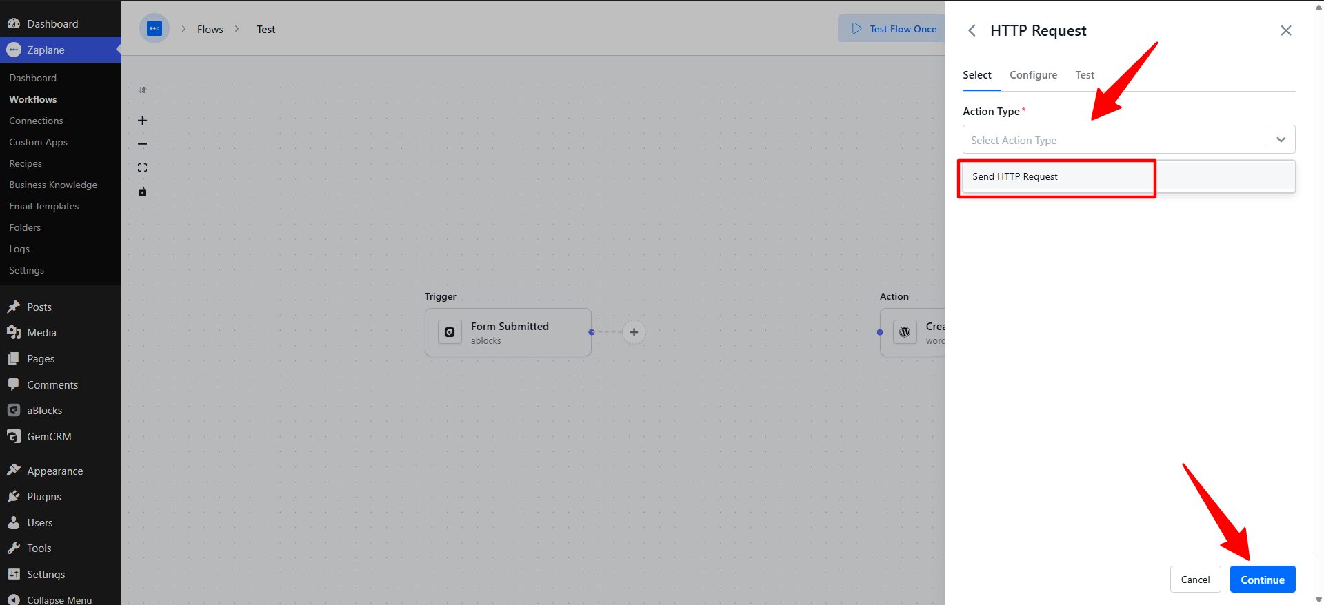 Select "Send HTTP Request" Select "Send HTTP Request"
