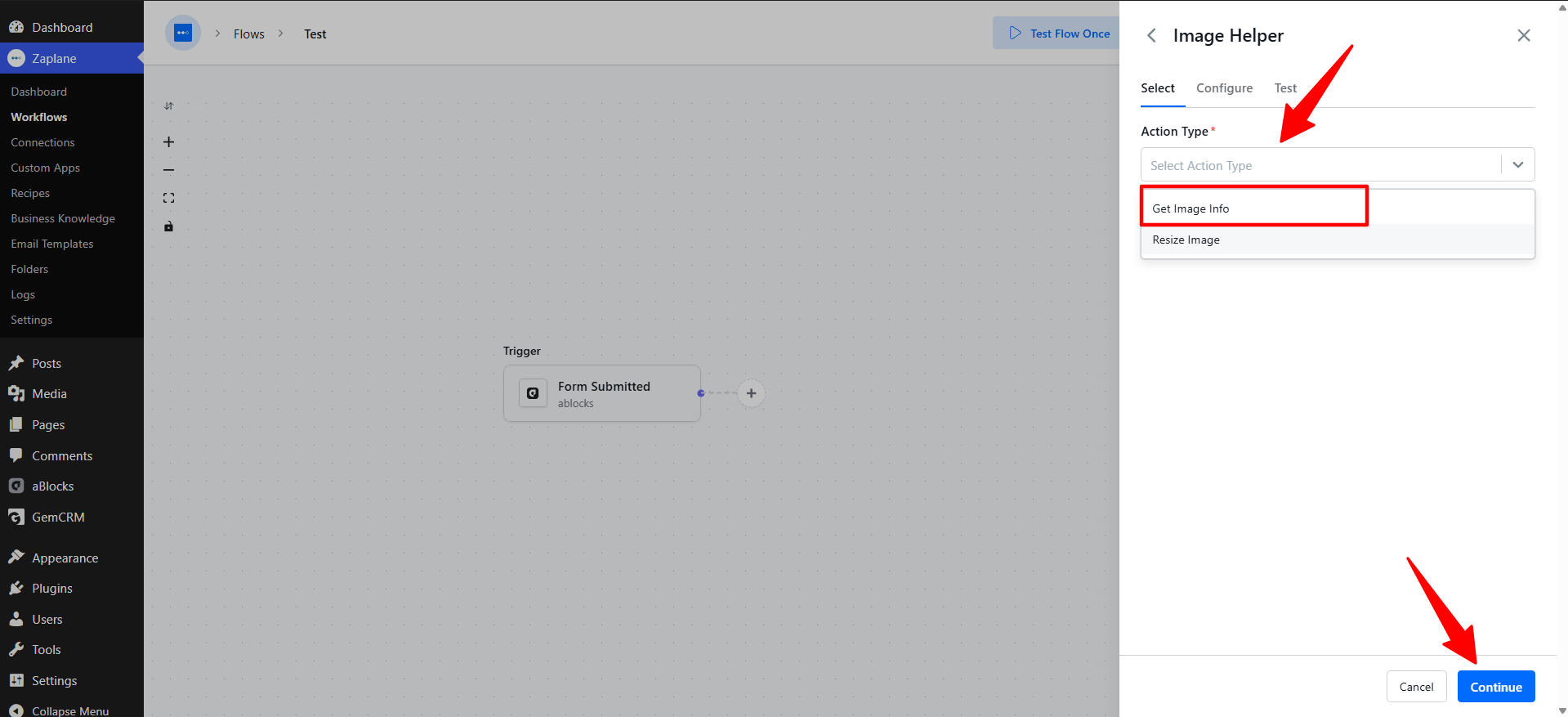 Select the Get Image Info action Select the Get Image Info action