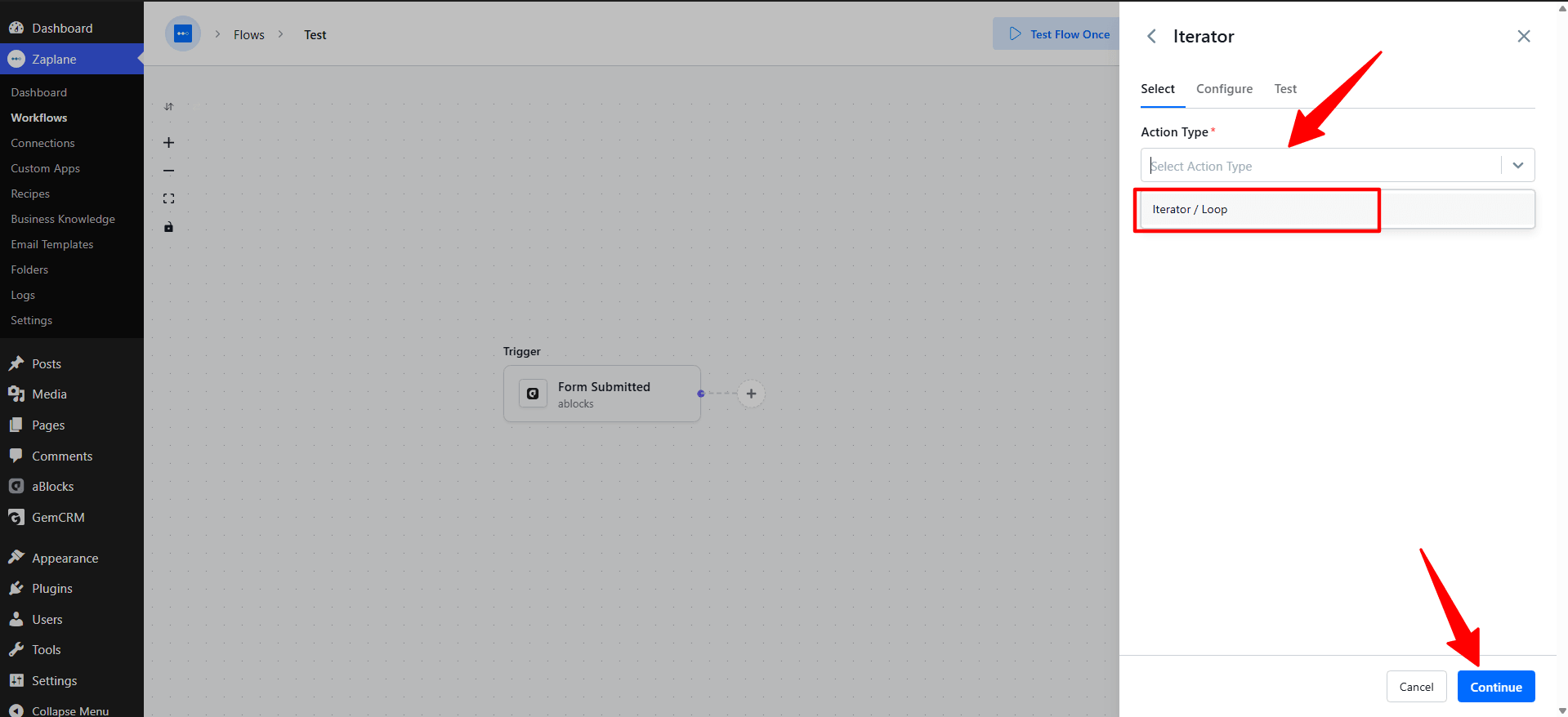 Select the Iterator / Loop action Select the Iterator / Loop action