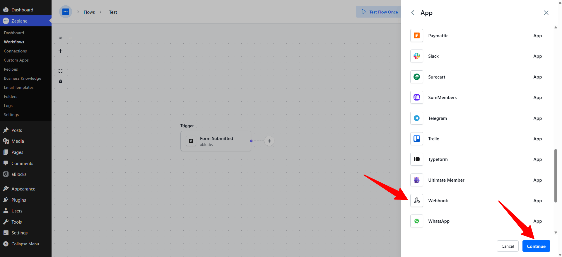 select Webhook select Webhook