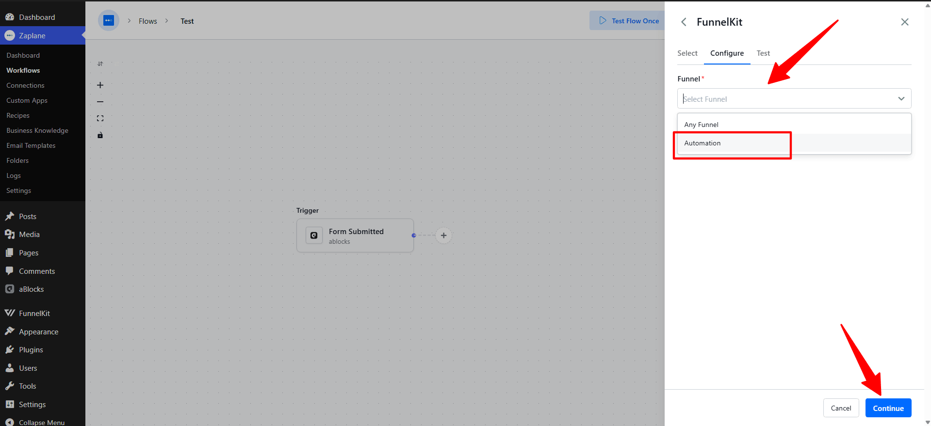 Configure the FunnelKit action in Zaplane workflow Configure the FunnelKit action in Zaplane workflow