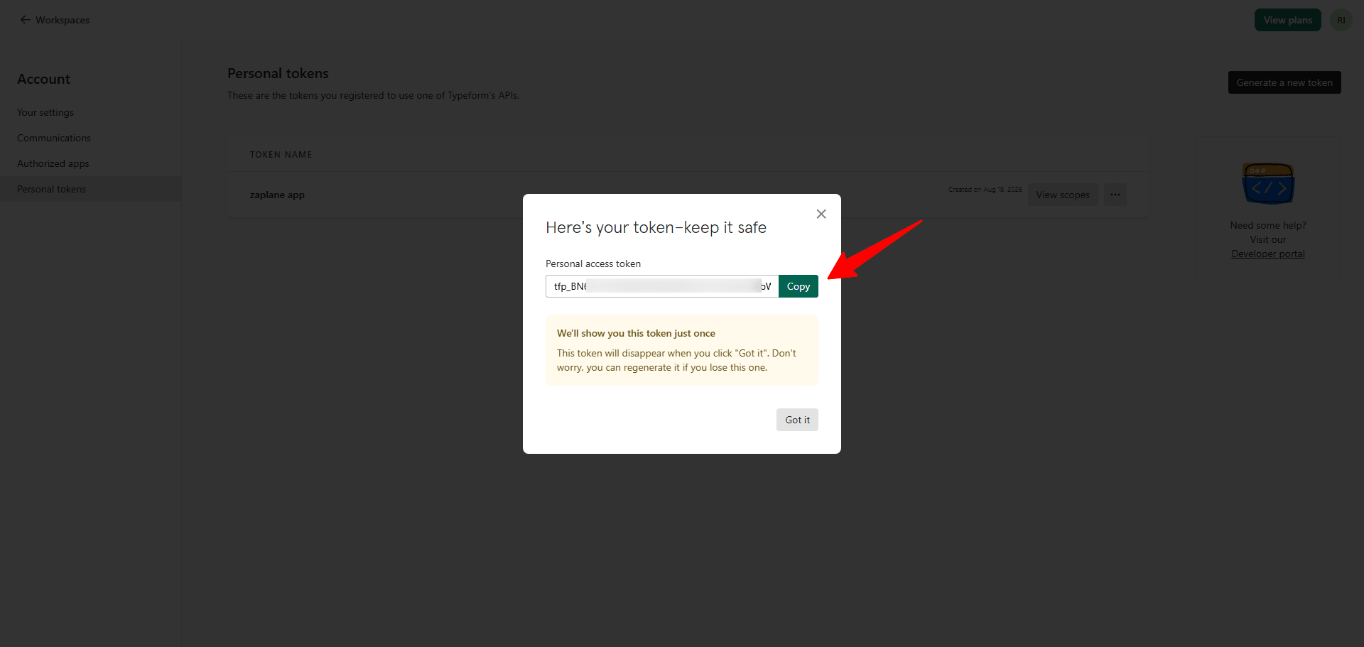 Copy the token Copy the token