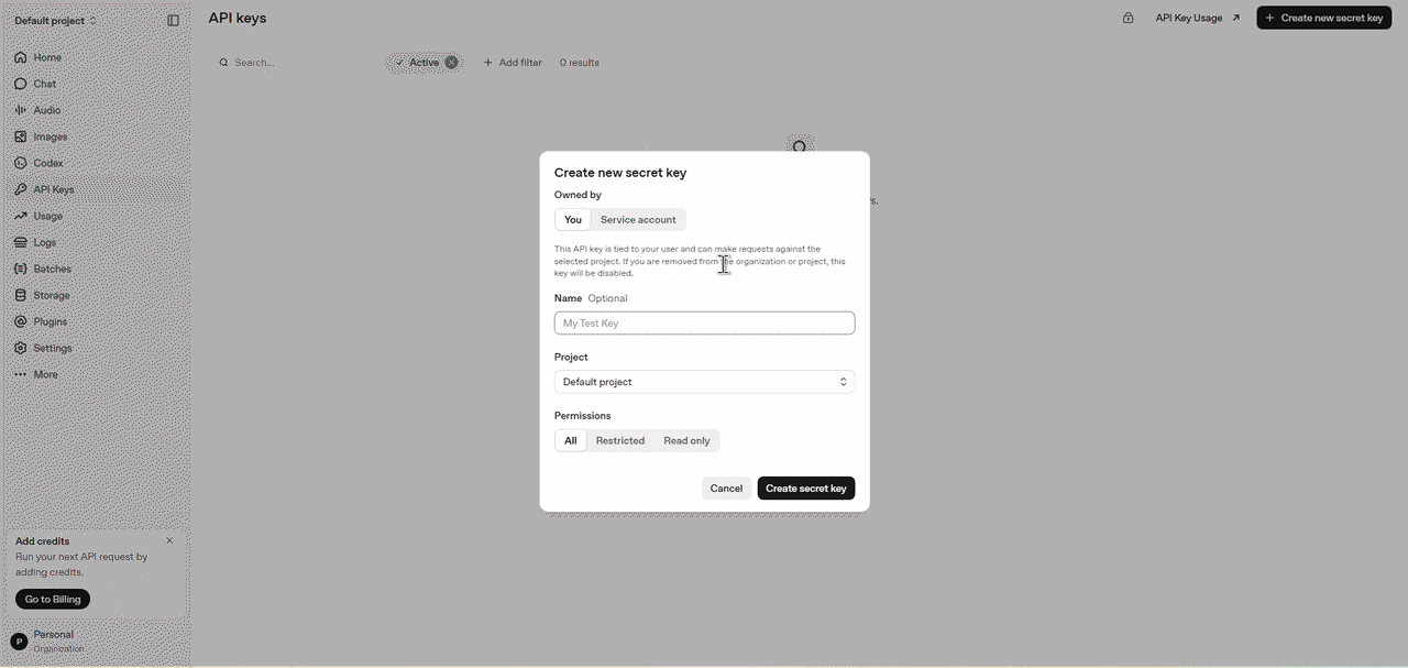 click Create secret key. click Create secret key.