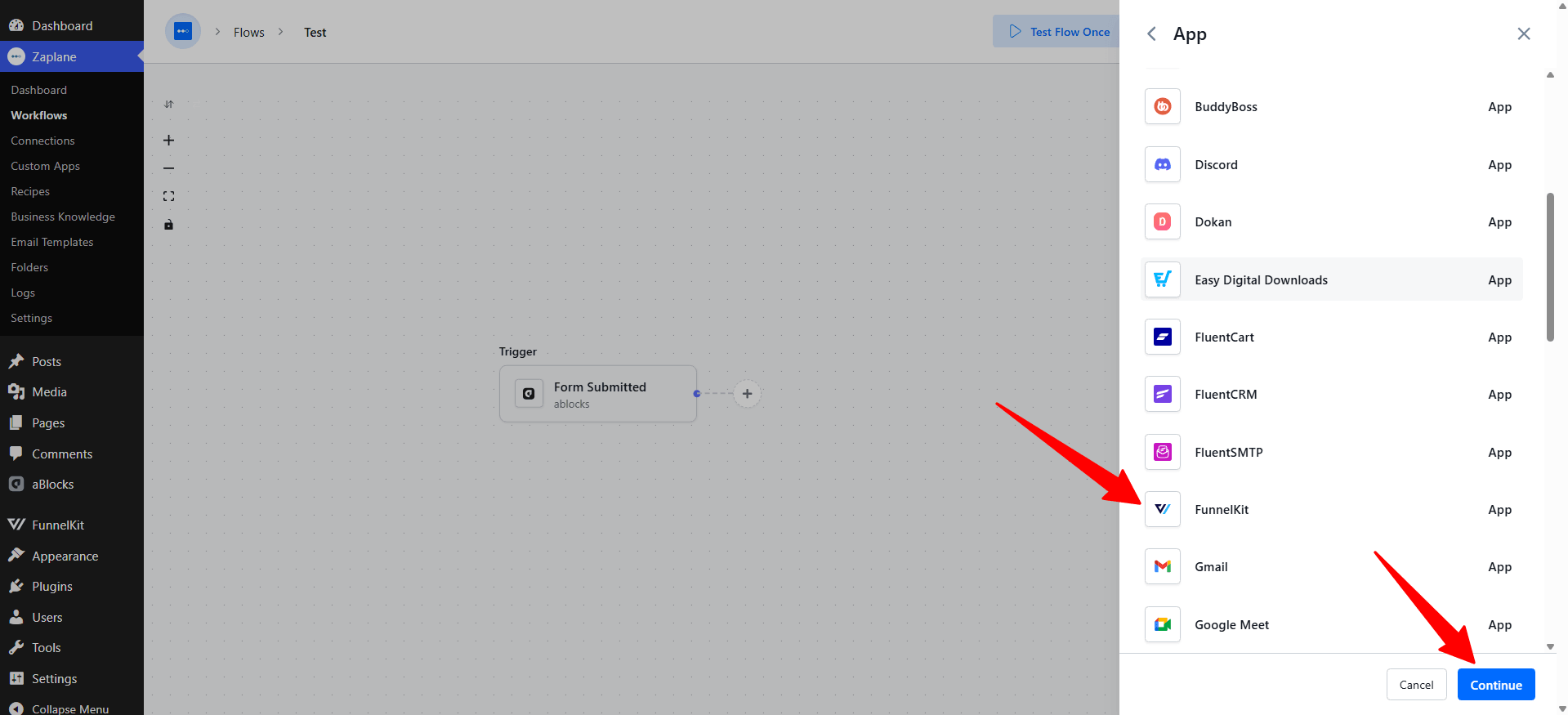 Select an app in the Zaplane workflow Select an app in the Zaplane workflow