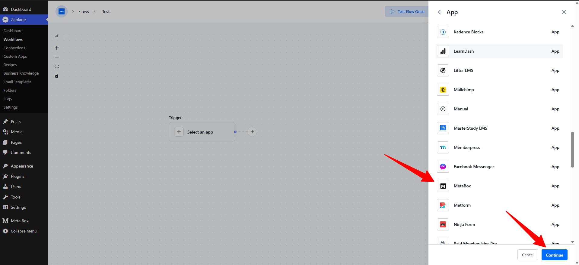 MetaBox, then click Continue MetaBox, then click Continue