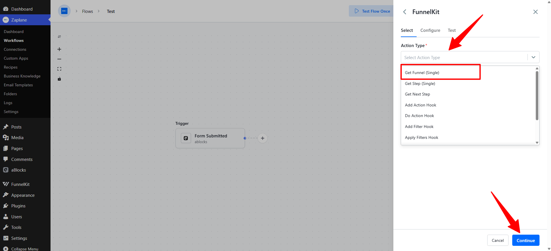 Choose the FunnelKit action type in Zaplane workflow Choose the FunnelKit action type in Zaplane workflow
