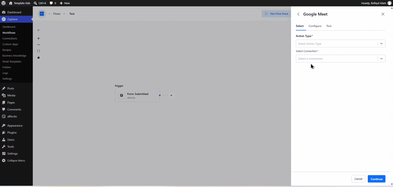 Select the Action Type and Connection Select the Action Type and Connection