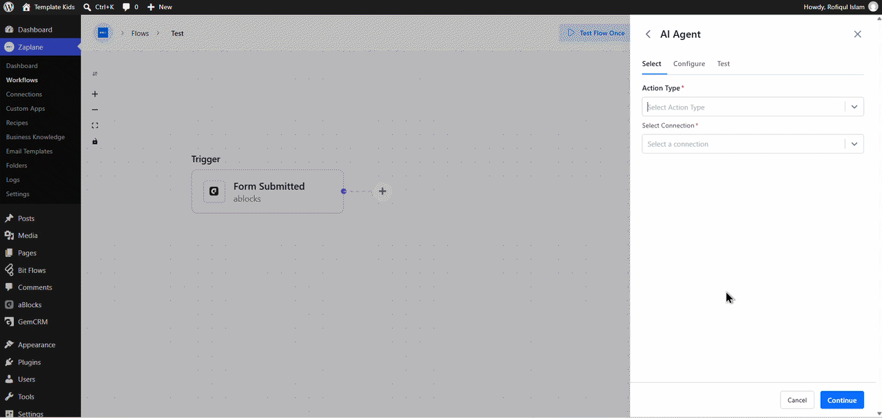 Select the Action Type and Connection Select the Action Type and Connection